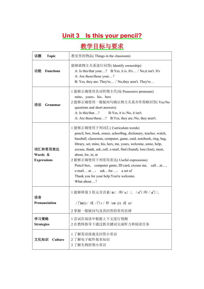 新人教版七年级英语上册1-9单元教学目标与要求.doc_第3页