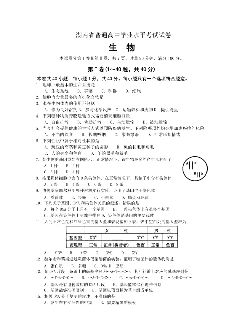 湖南省普通高中学业水平考试试卷_生物真题.doc_第1页