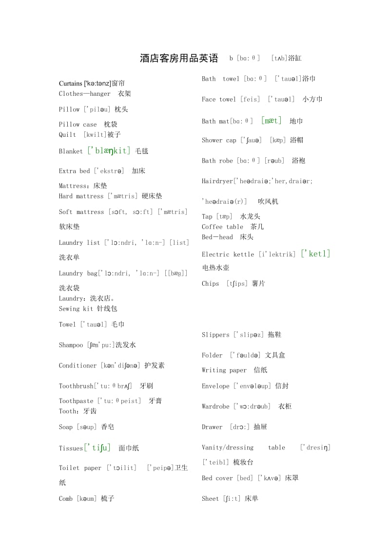 酒店客房用品英语词汇带音标的 Microsoft W.doc_第1页