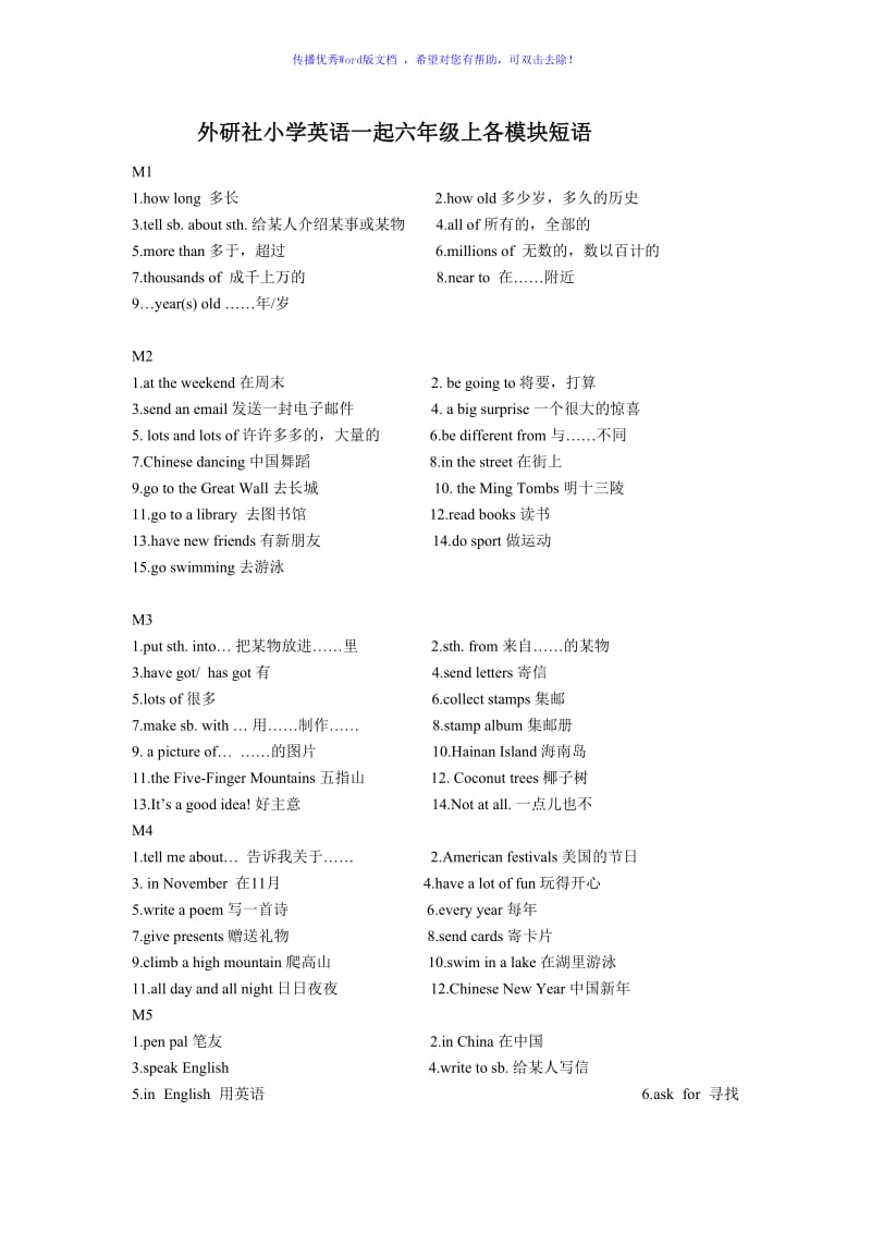 外研社小学英语一起六年级上各模块短语Word编辑.doc_第1页