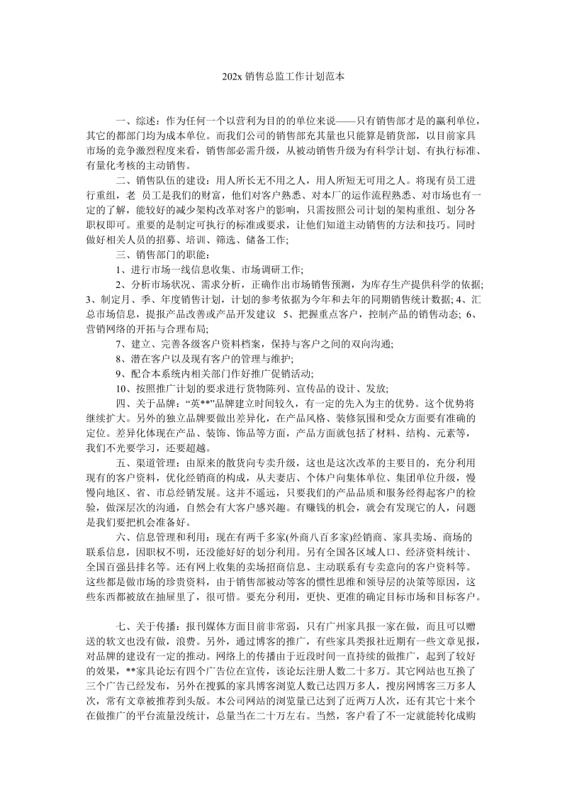 《202x销售总监工作计划范本》.doc_第1页