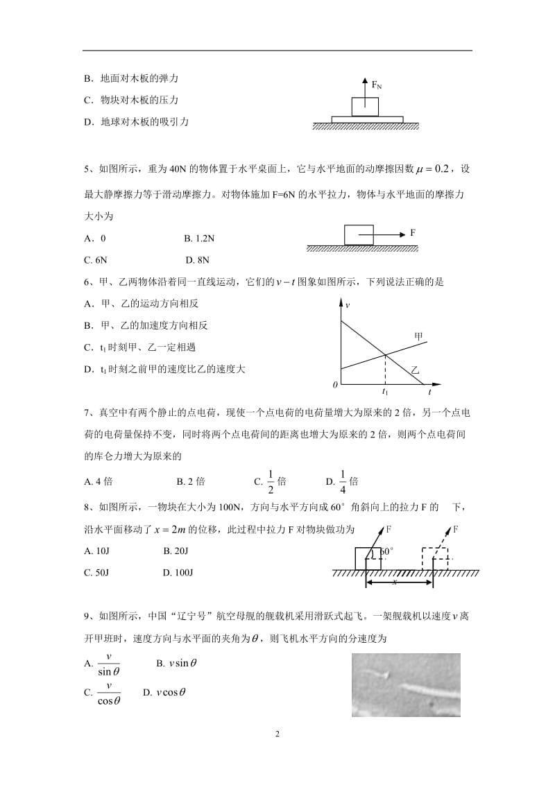 2015年天津市普通高中学业水平考试物理试题(含答案).doc_第2页