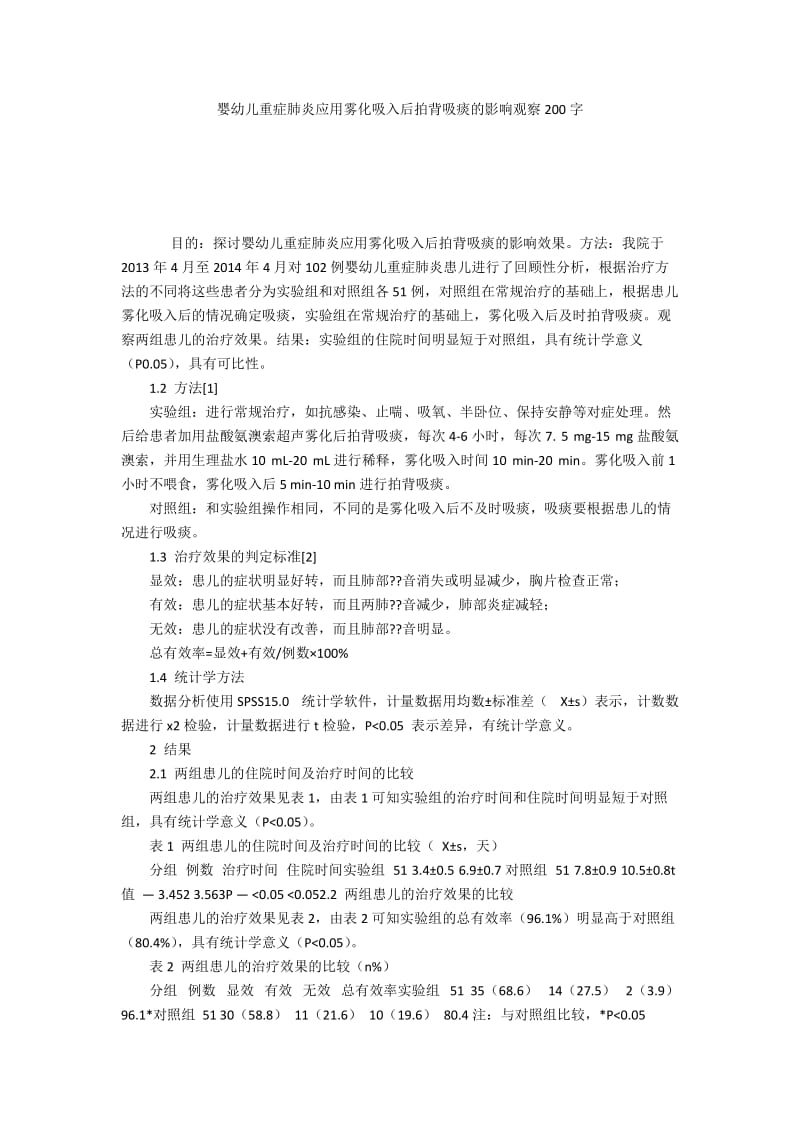 婴幼儿重症肺炎应用雾化吸入后拍背吸痰的影响观察200字.docx_第1页