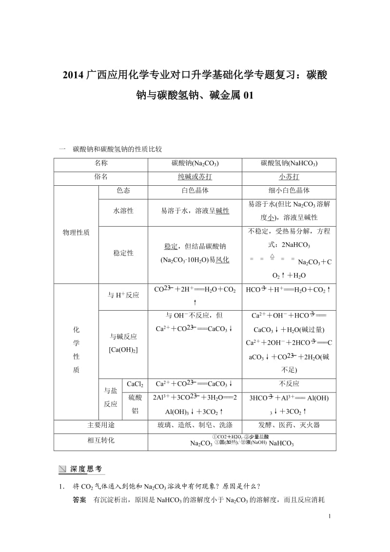 2014广西应用化学专业对口升学基础化学专题复习：碳酸钠与碳酸氢钠、碱金属01.doc_第1页