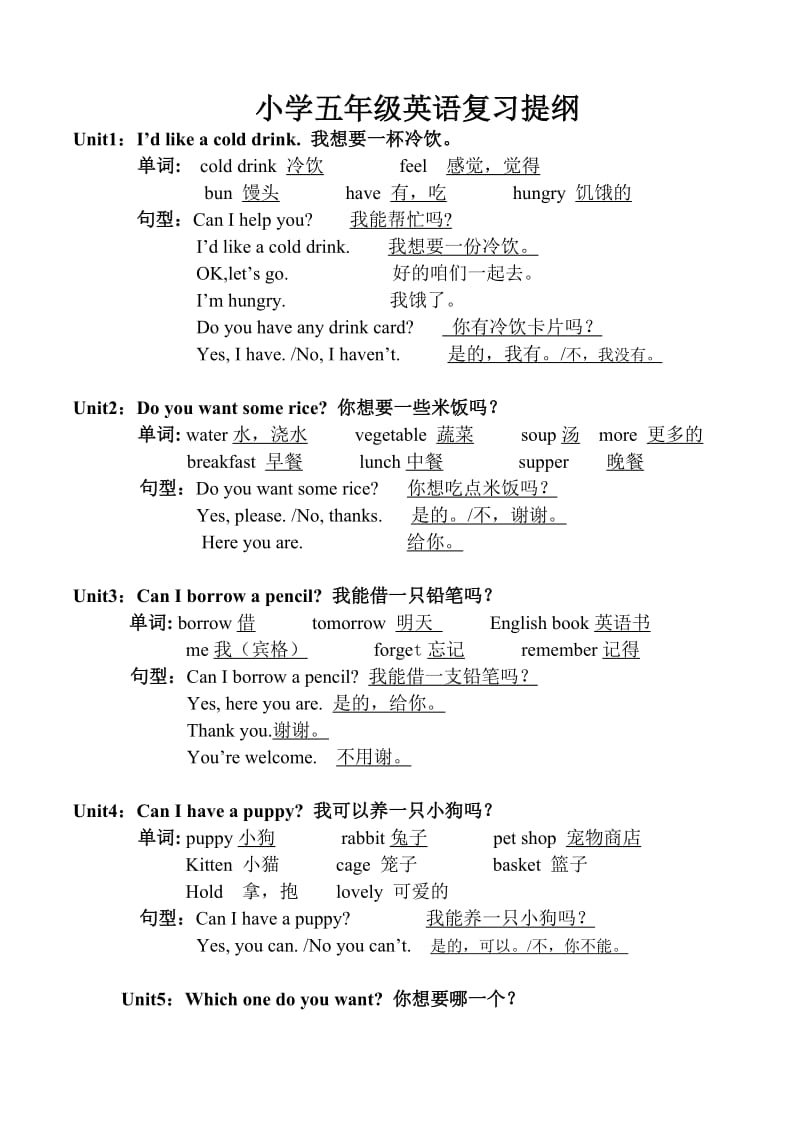 湘少版小学五年级英语上册复习提纲.doc_第1页