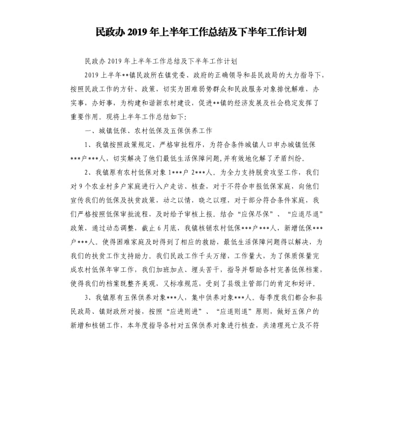 民政办2019年上半年工作总结及下半年工作计划参考模板.docx_第1页