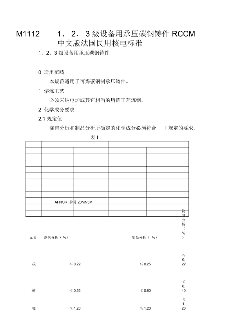 M11121、2、3级设备用承压碳钢铸件RCCM中文版法国民用核电标准.docx_第1页