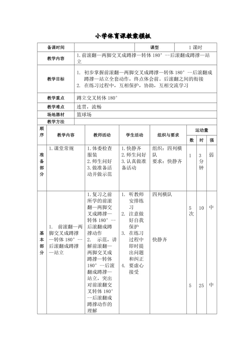 1.前滚翻—两脚交叉成蹲撑—转体180°--后滚翻成蹲撑—站立.doc_第1页