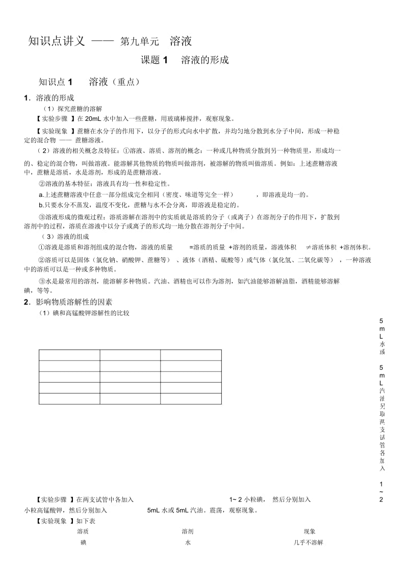 人教版化学九年级下册91溶液的形成知识点讲义(无答案).docx_第1页