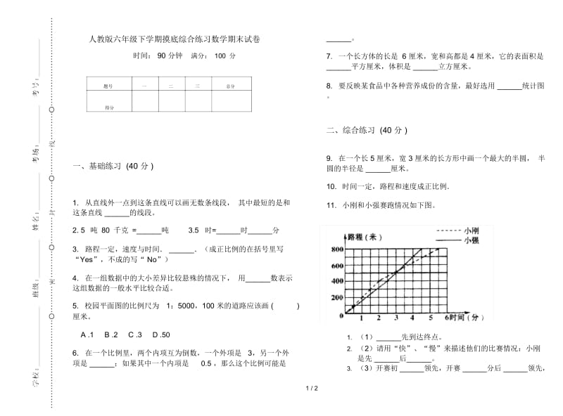 人教版六年级下学期摸底综合练习数学期末试卷.docx_第1页