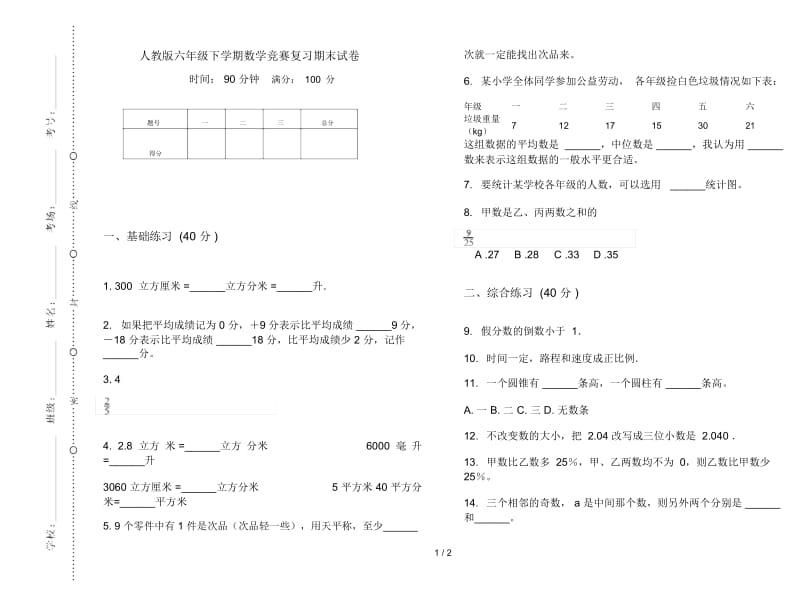 人教版六年级下学期数学竞赛复习期末试卷.docx_第1页