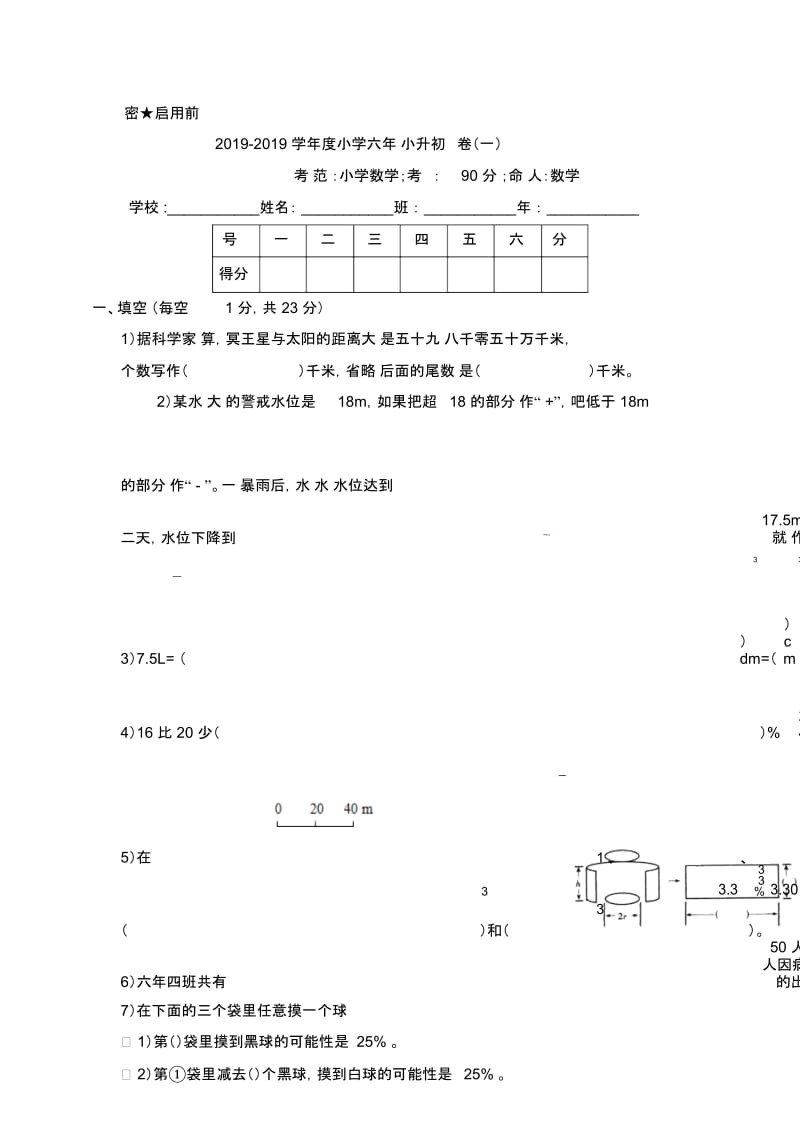 六年级数学小升初测试试卷(一)｜苏教版(秋)(无答案).docx_第1页