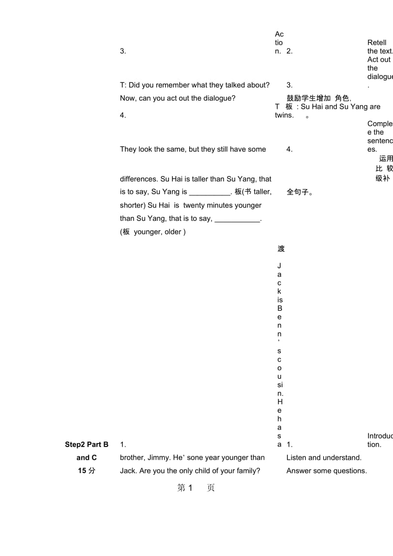 六年级下册英语教案(表格式)Unit1Who’syoungerPartBCD牛津译林(一起).docx_第2页