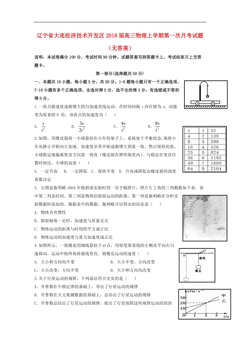 辽宁省大连经济技术开发区2018届高三物理上学期第一次月考试题（无答案）.doc_第1页