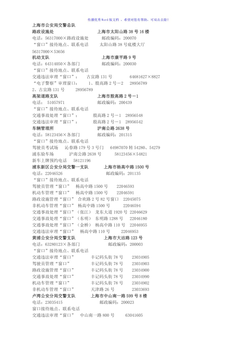 上海各区交通违章联系方式及地址Word版.doc_第1页