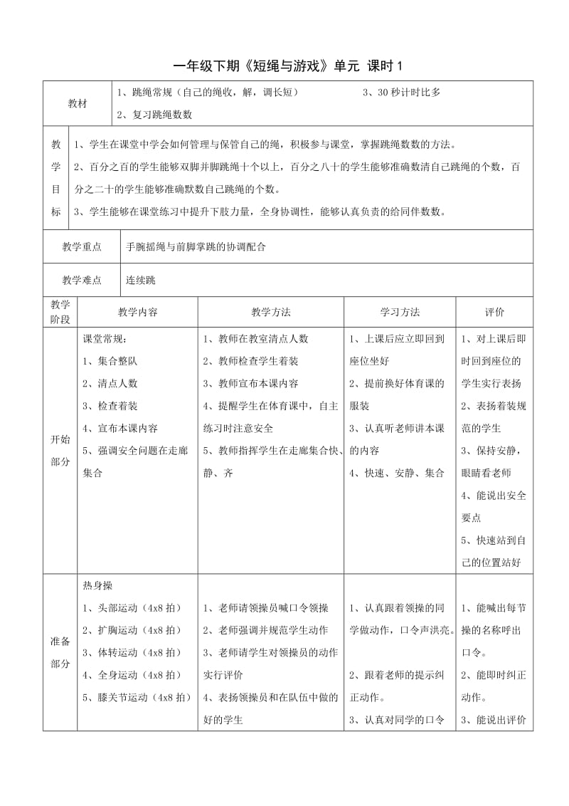 一年级下期《短绳与游戏》单元课时教学计划.doc_第2页