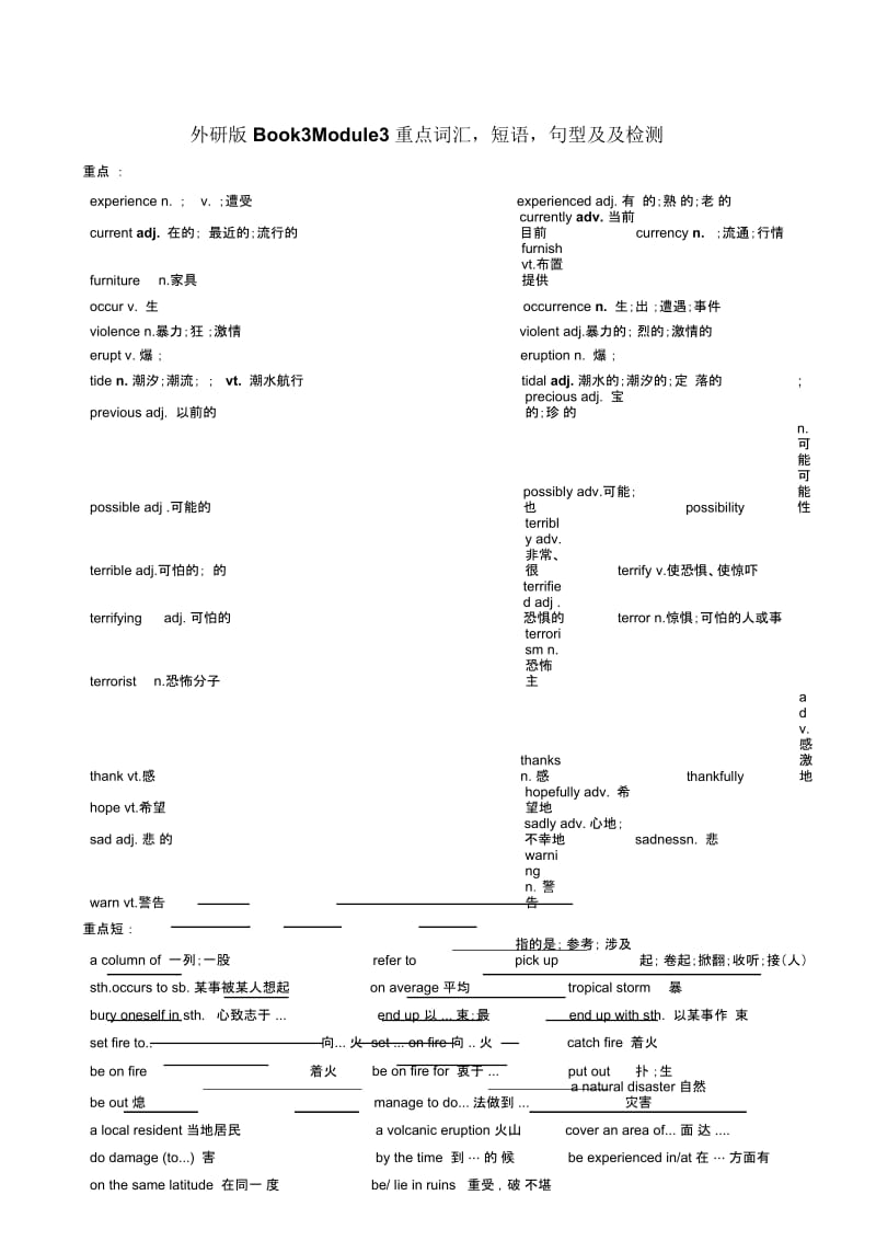 外研版Book3Module3重点词汇,短语,句型及及检测.docx_第1页