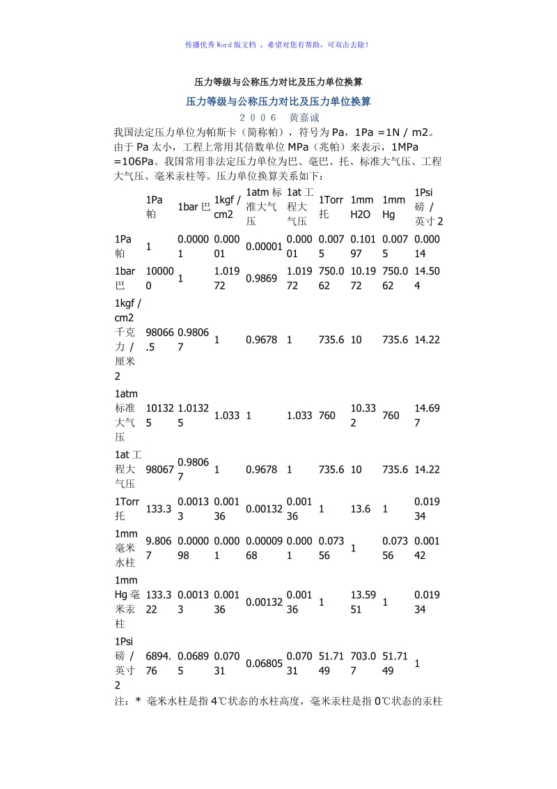 压力等级与公称压力对比及压力单位换算Word版.doc_第1页