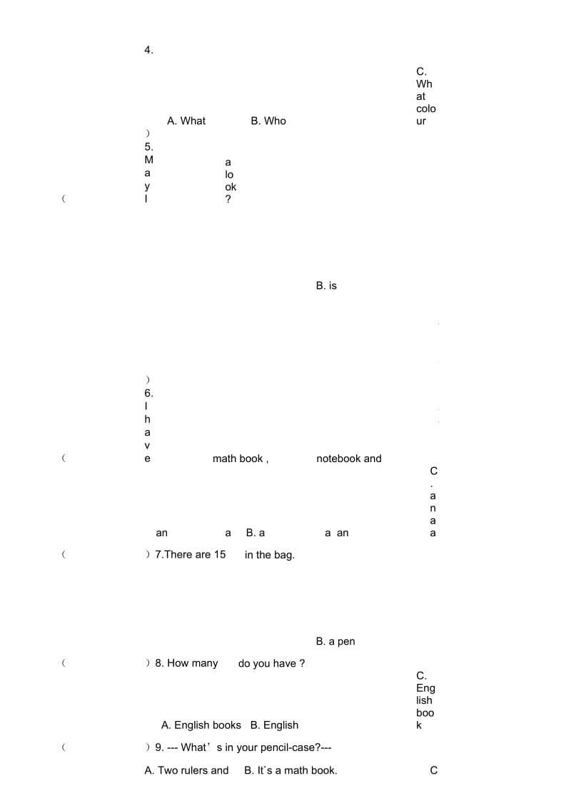 四年级上册英语试题Unit2综合练习一人教PEP(无答案).docx_第3页