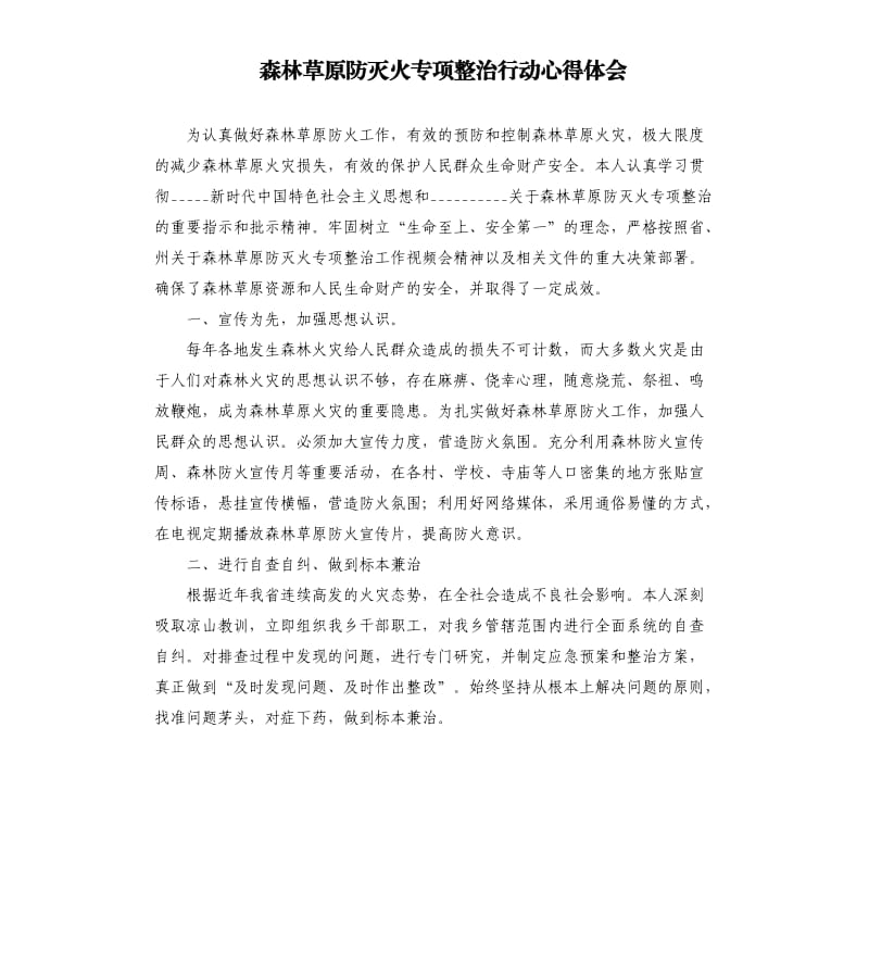 森林草原防灭火专项整治行动心得体会参考模板.docx_第1页