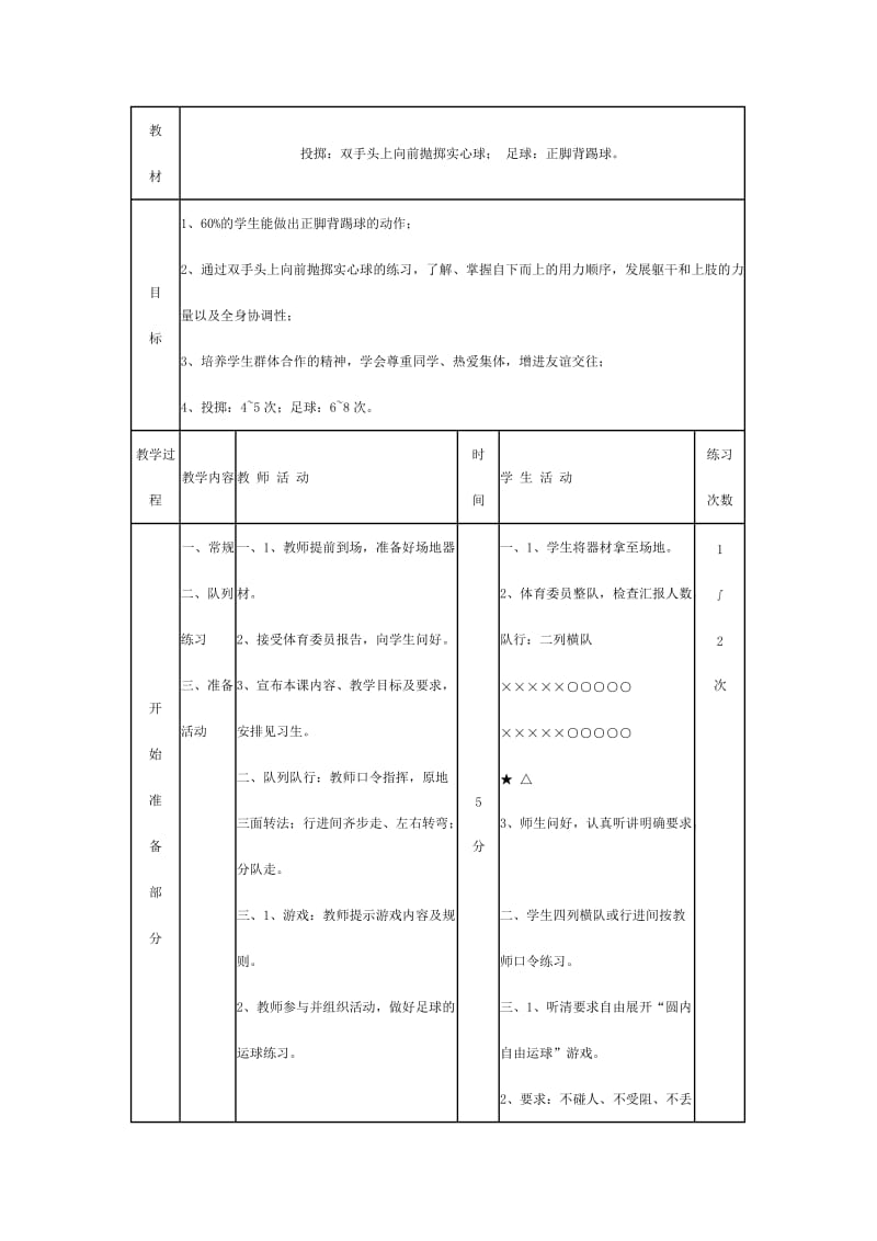 投掷：双手头上向前抛掷实心球； 足球：正脚背踢球 教学设计.doc_第1页