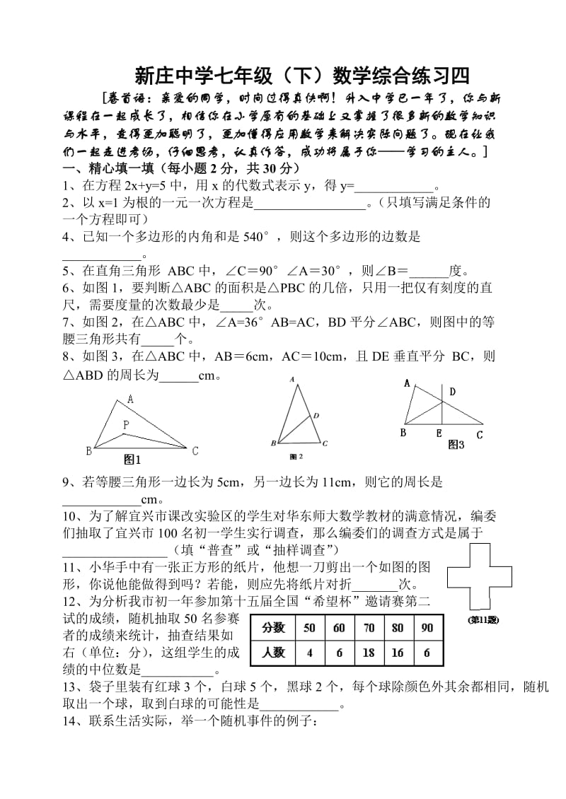 新庄中学七年级（下）数学综合练习四 .doc_第1页