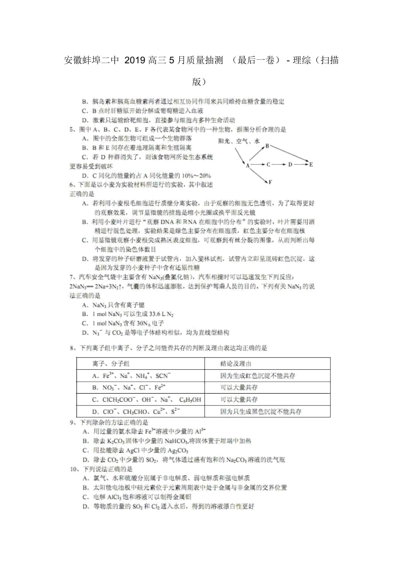 安徽蚌埠二中高三5月质量抽测(最后一卷)-理综(扫描版).docx_第1页