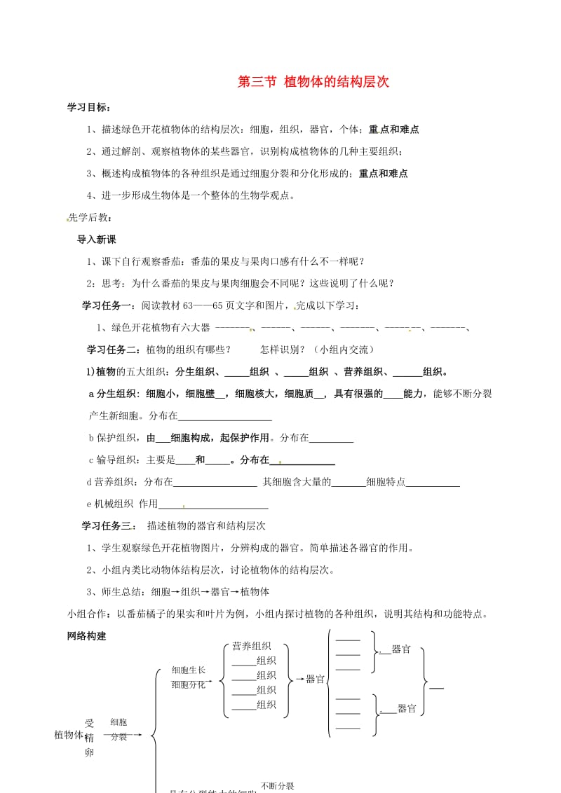 [精选类]山东省临沂市七年级生物上册 2.2.3 植物体的结构层次学案（无答案）（新版）新人教版.doc_第1页