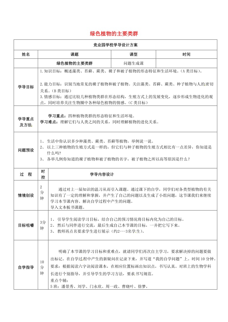 [精选类]山东省济阳县竞业园学校七年级生物上册 2.1.1 绿色植物的主要类群（问题生成课）导学案（无答案）（新版）济南版.doc_第1页