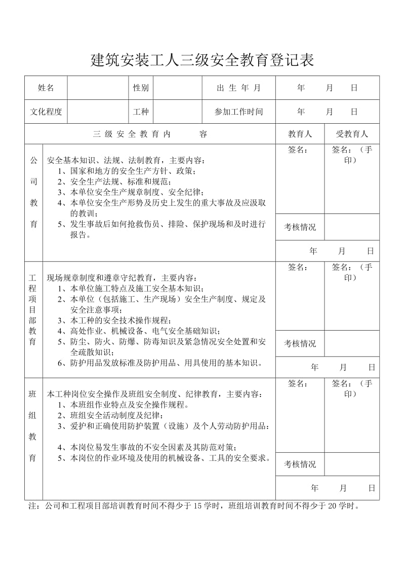 建筑安装工人三安全教育登记表.doc_第1页