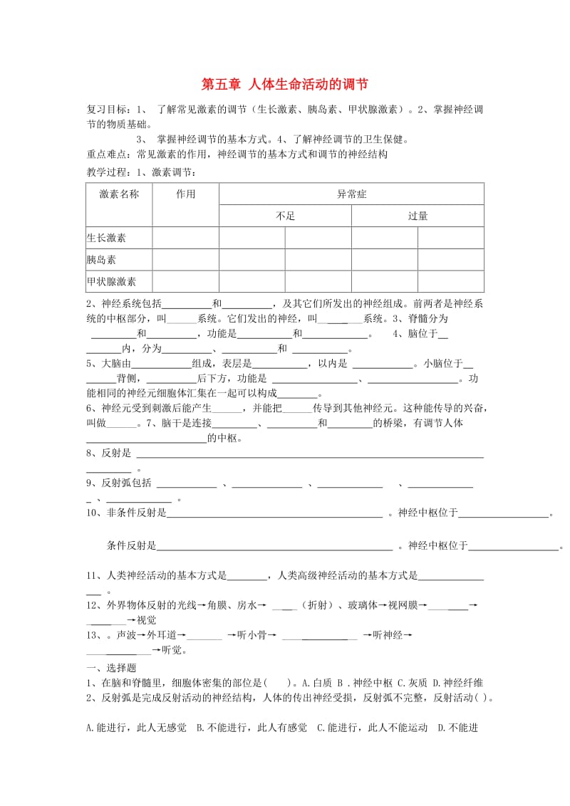 [精选类]七年级生物下册 第四单元 第12章 人体生命活动的调学案（无答案） 苏教版（通用）.doc_第1页