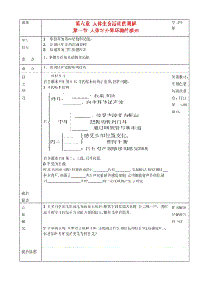 [精选类]内蒙古赤峰市克什克腾旗萃英学校七年级生物下册 第四单元 第六章 第一节《人体对外界环境的感知》导学案2（无答案） 新人教版.doc