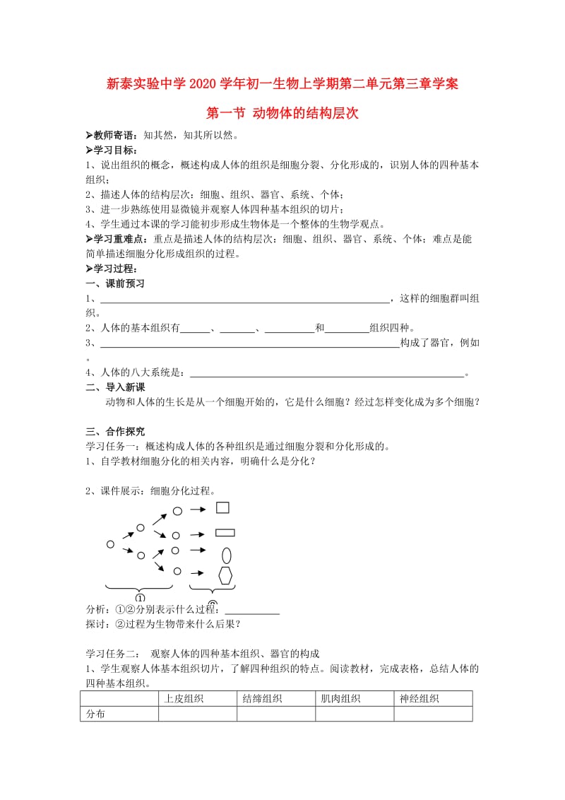 [精选类]山东省泰安市新泰实验中学202x学年七年级生物上学期 2.3.1动物体的结构层次学案 人教新课标版.doc_第1页