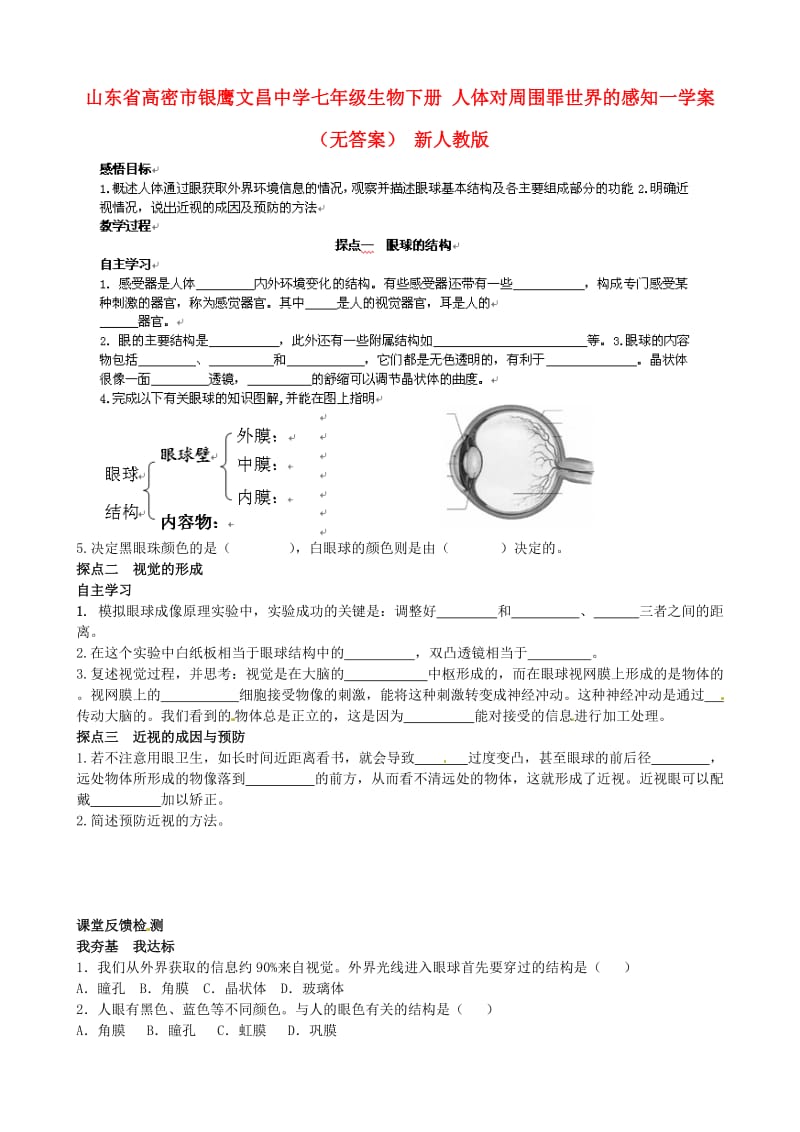 [精选类]山东省高密市银鹰文昌中学七年级生物下册 人体对周围罪世界的感知一学案（无答案） 新人教版.doc_第1页