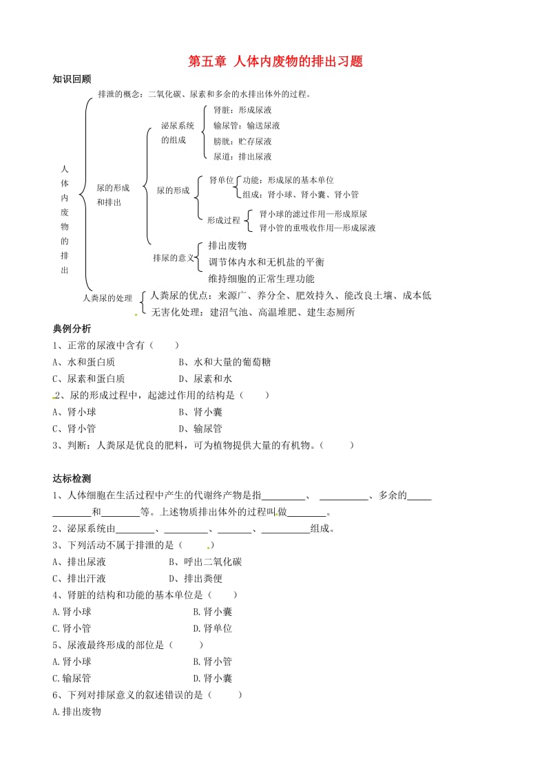 [精选类]山东省临沂市兰山区义堂中学七年级生物下册 第五章 人体内废物的排出习题（无答案）（新版）新人教版.doc_第1页