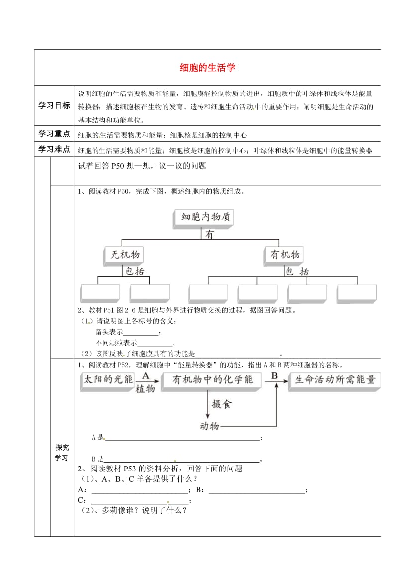 [精选类]天津市小站第一中学七年级生物上册 细胞的生活学案（无答案）（新版）新人教版.doc_第1页