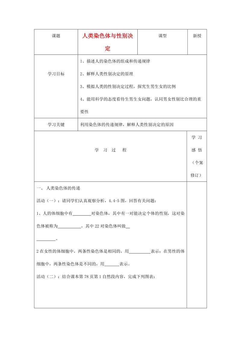 [精选类]山东省庆云县八年级生物上册 4.4.2《人类染色体与性别决定》学案（无答案） 济南版.doc_第1页