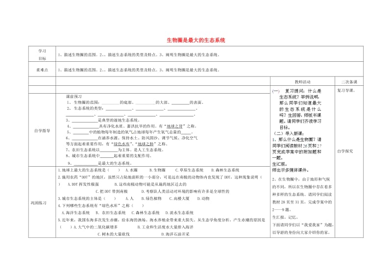 [精选类]内蒙古阿鲁科尔沁旗天山第六中学七年级生物上册 生物圈是最大的生态系统导学案（无答案） 新人教版.doc_第1页