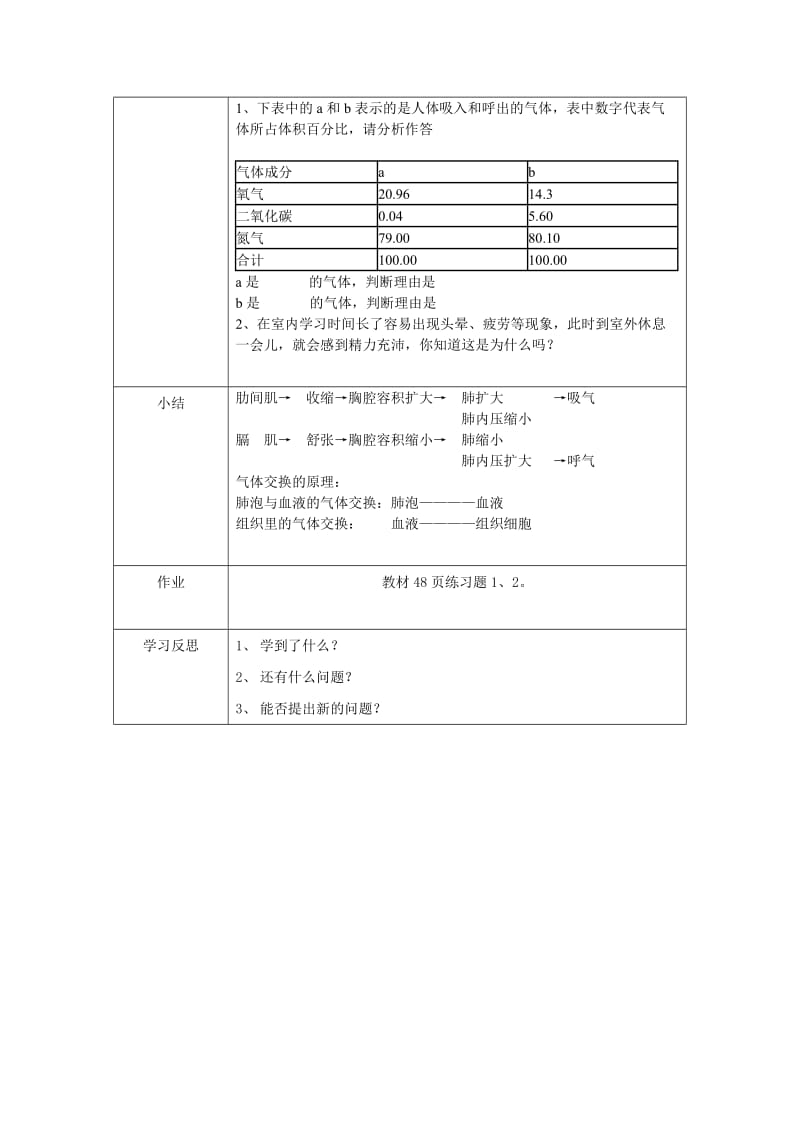 [精选类]山东省泰安新泰市七年级生物下册 4.3.2 发生在肺内的气体交换学案（无答案） 新人教版.doc_第3页