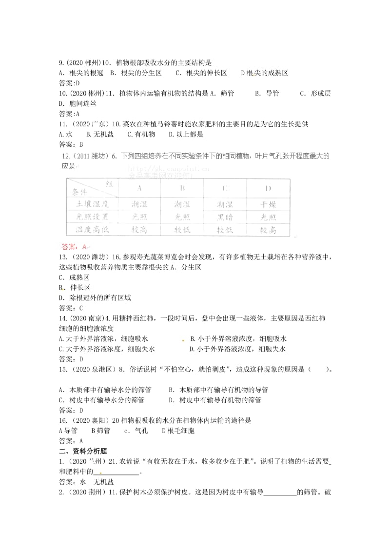 [精选类]【9月最新版】202x年全国各地中考生物试题分类汇编考点 32 植物的生长.doc_第2页