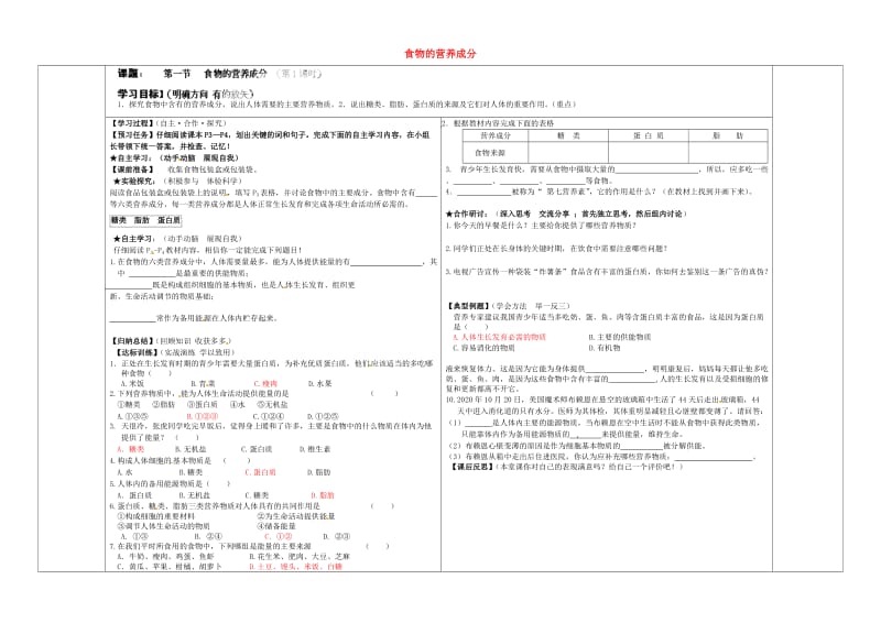 [精选类]山东省济宁市梁山韶华中学七年级生物下册 3.1.1 食物的营养成分（第1课时）导学案（无答案） 济南版.doc_第1页