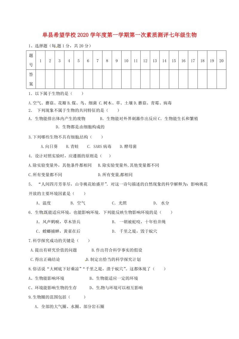 [精选类]山东省单县希望初级中学202x学年七年级生物上学期第一次素质测评试题（无答案） 鲁教版五四制.doc_第1页