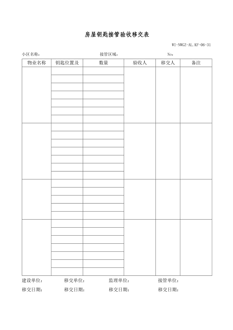 物业管理公司房屋钥匙接管验收移交表WI-NWGZ-ALKF.doc_第1页