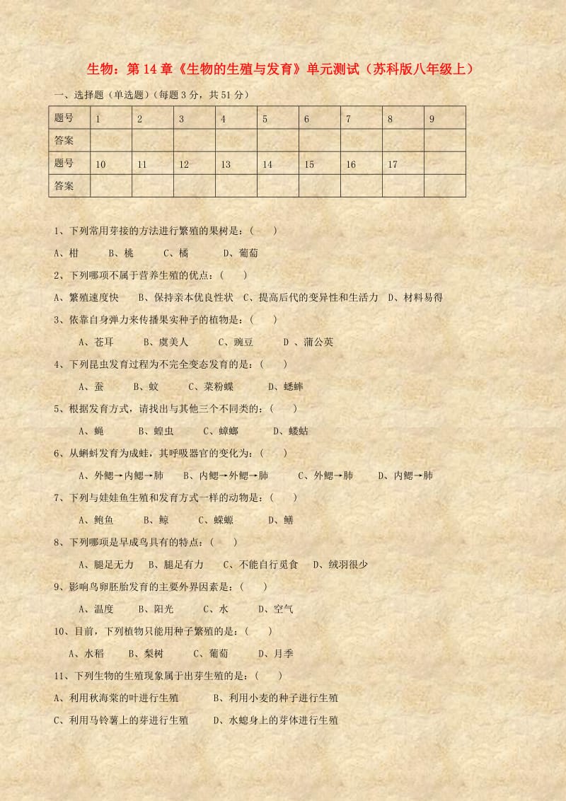 [精选类]八年级生物上册 第14章《生物的生殖与发育》单元测试 苏科版（通用）.doc_第1页