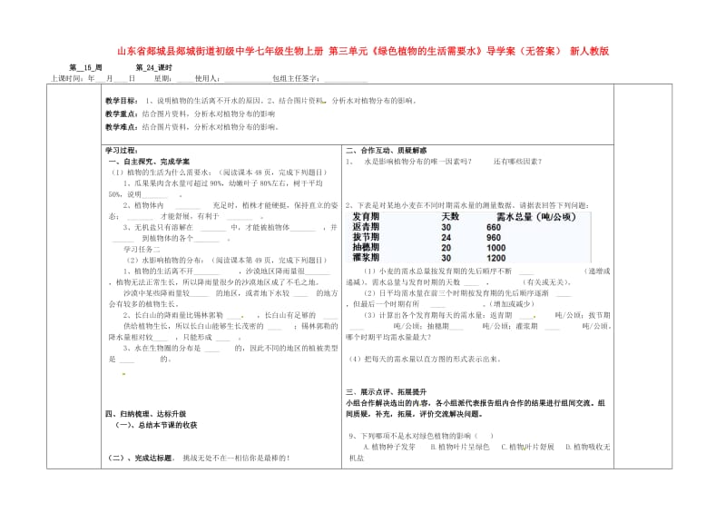 [精选类]山东省郯城县郯城街道初级中学七年级生物上册 第三单元《绿色植物的生活需要水》导学案（无答案） 新人教版.doc_第1页