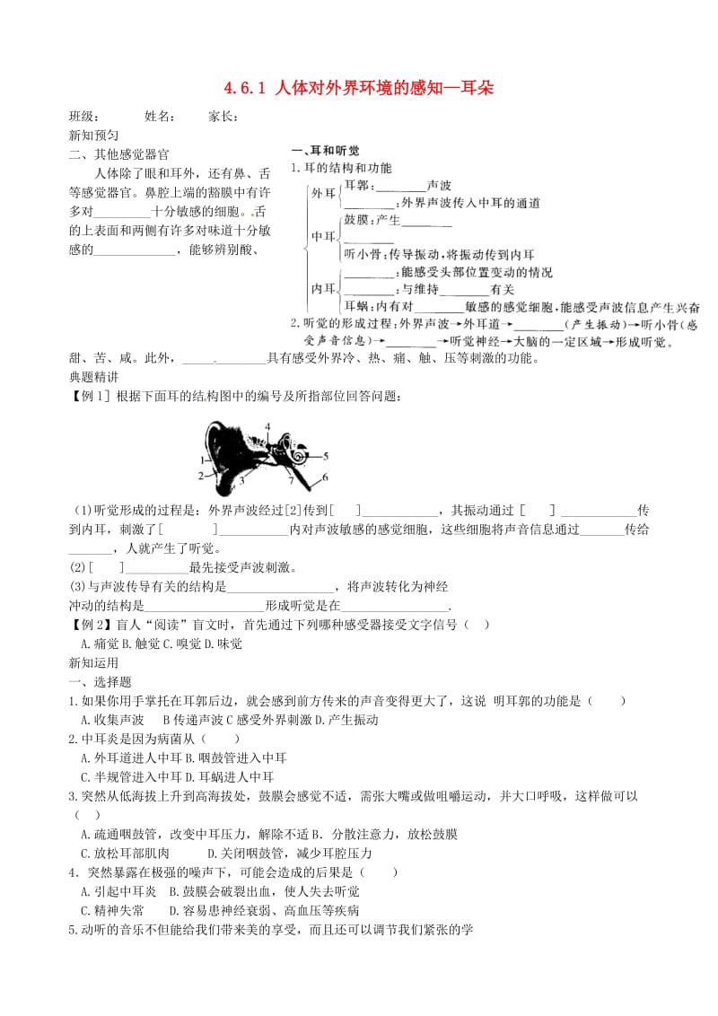 [精选类]山东省胶南市王台镇中心中学七年级生物下册 4.6.1 人体对外界环境的感知耳朵学案（无答案） 新人教版.doc_第1页