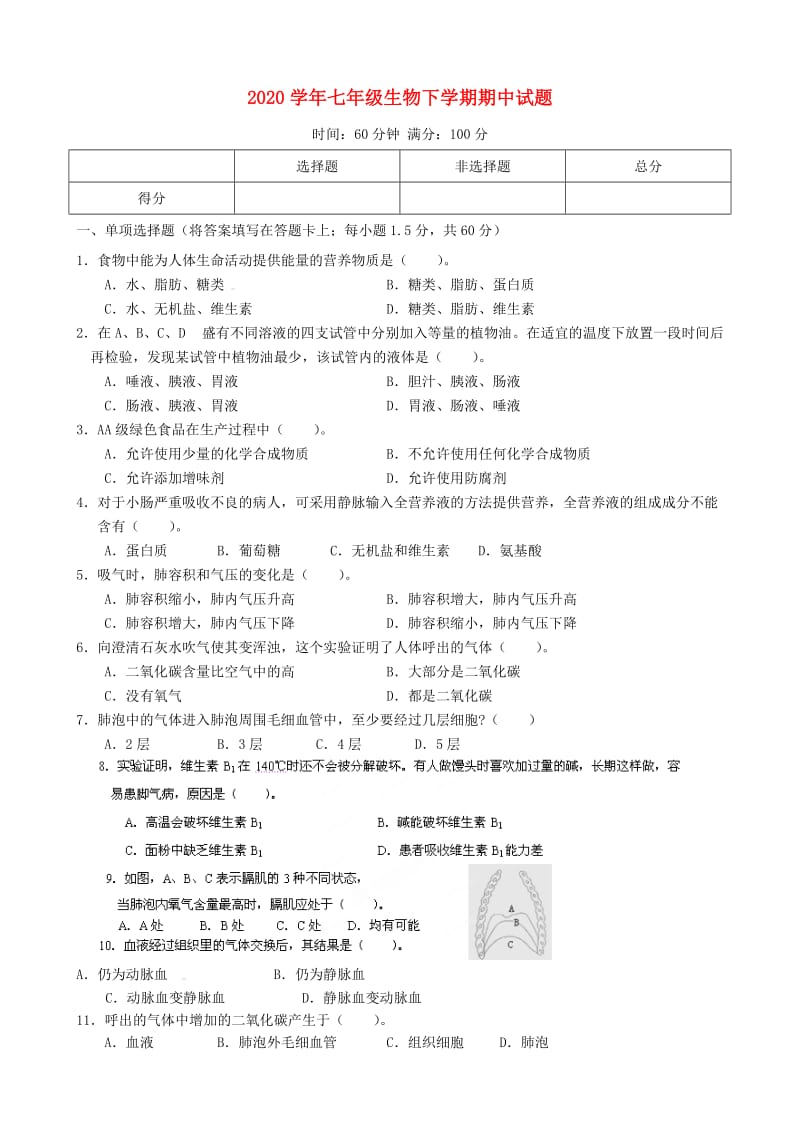 [精选类]山东省东营市胜利第五中学202x学年七年级生物下学期期中试题（无答案） 新人教版.doc_第1页