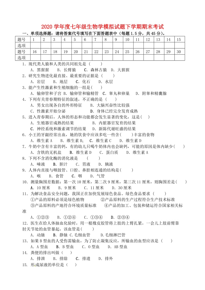 [精选类]七年级生物下学期期末模拟试题 人教新课标版（通用）.doc_第1页