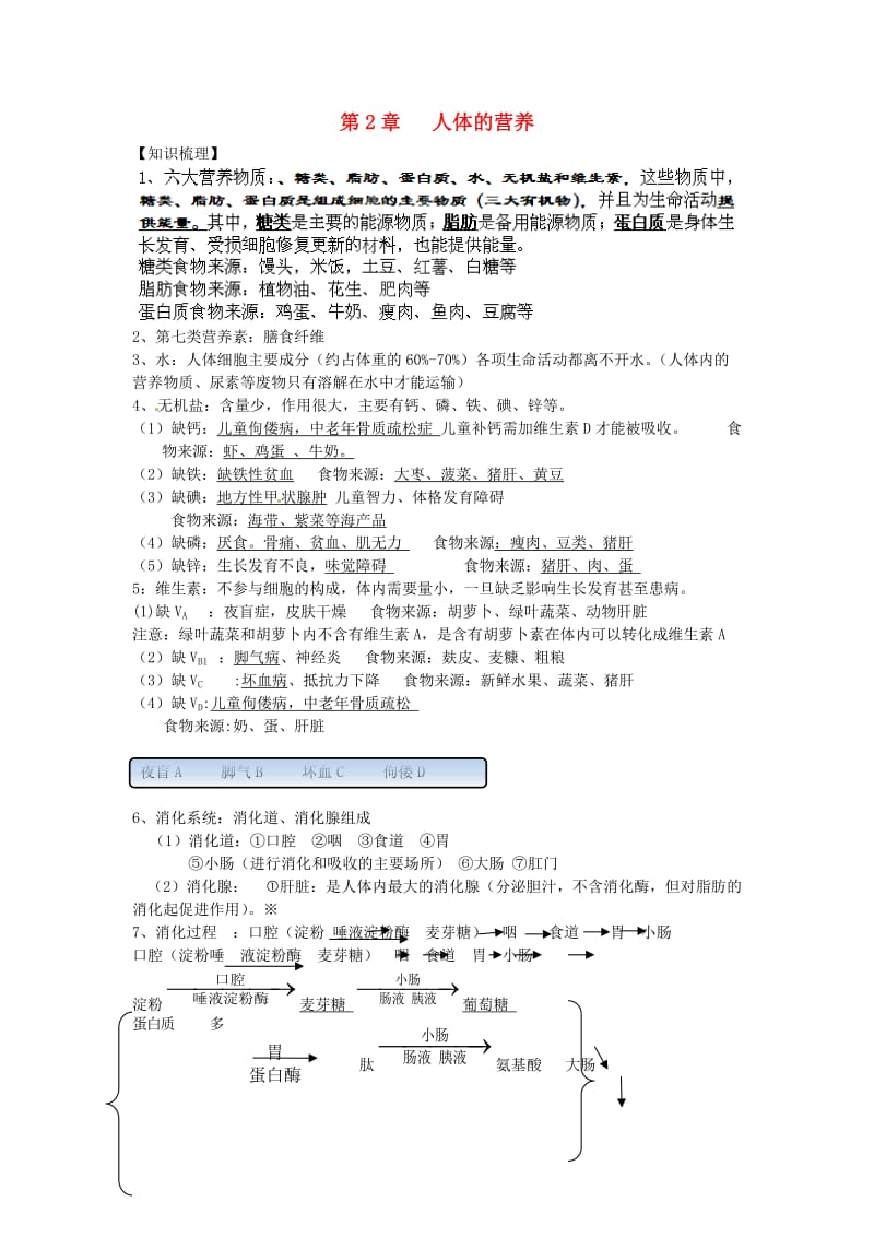 [精选类]内蒙古鄂尔多斯东胜区正东中学七年级生物下册 第二章 人体的营养复习学案（无答案） 新人教版.doc_第1页