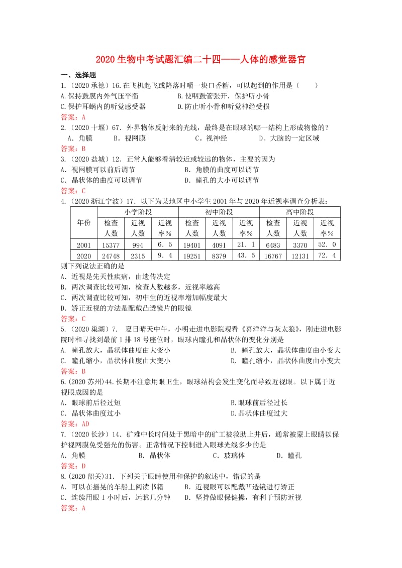 [精选类]202x年中考生物真题分类汇编专题二十四 人体的感觉器官.doc_第1页